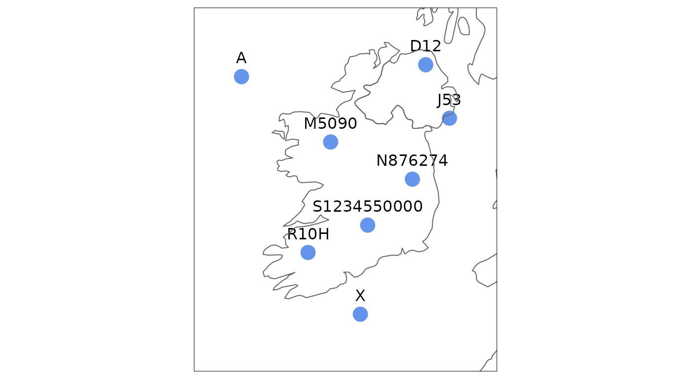 A map of Ireland with a dot at the south west corner of each sample grid reference.