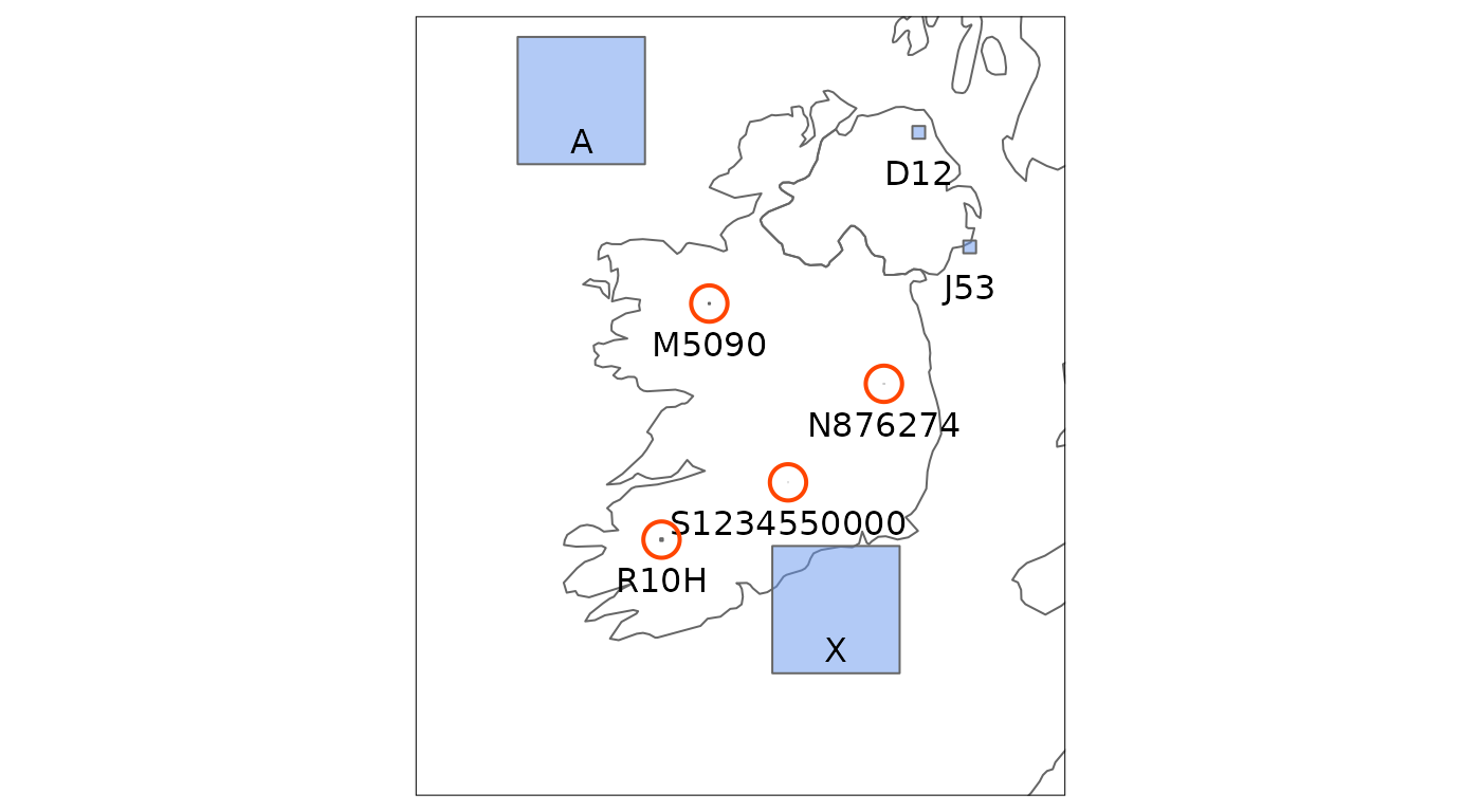 A map of Ireland with polygons spanning each sample grid reference. The polygons range in size from 100 km square to 1 m square.